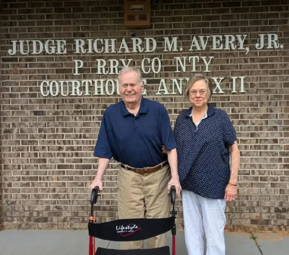 Retired District Judge Richard M. Avery Jr. and his wife, the former Mary Katherine Arbuthnot, stand outside the Judge Richard M. Avery Jr. Courthouse Annex II in Marion. The Perry County Commission will announce a ribbon cutting date for the remodeled annex.
