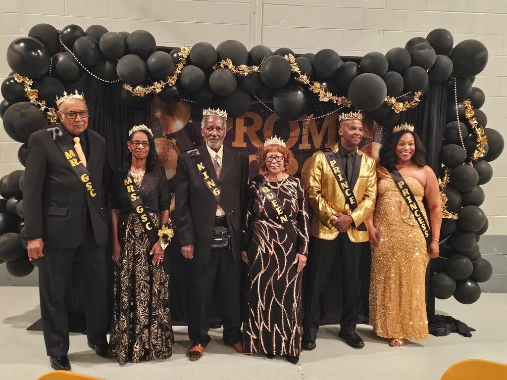 The court of the "Reach for the Stars" Senior Citizen Prom, held this month by Greensboro Senior Citizens, from left: J.B. Washington, Mr. Greensboro Seasonal Citizen; Johnnie Mae Smith, Mrs. Greensboro Seasonal Citizen; Fred Crayton and Helen Crayton, king and queen; and Chester Ryans and Mildred "Tina" Black, prince and princess